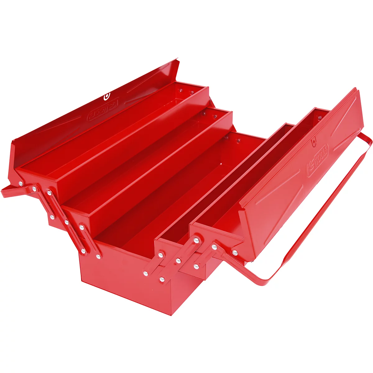 Offene, rote Werkzeugkiste mit mehreren Fächern. Ein Tragegriff ist zu sehen.